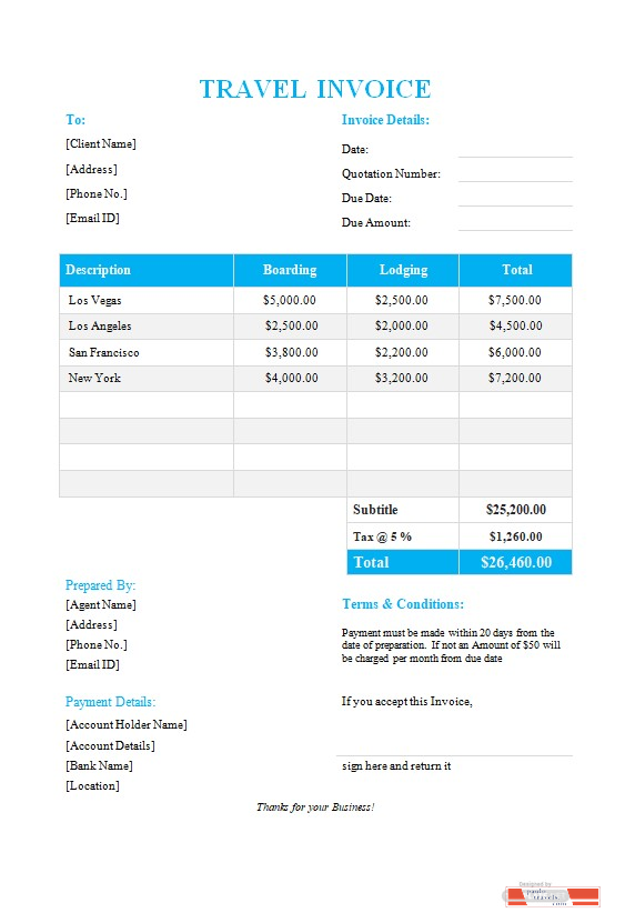 Free Travel Invoice Format Template PSD template